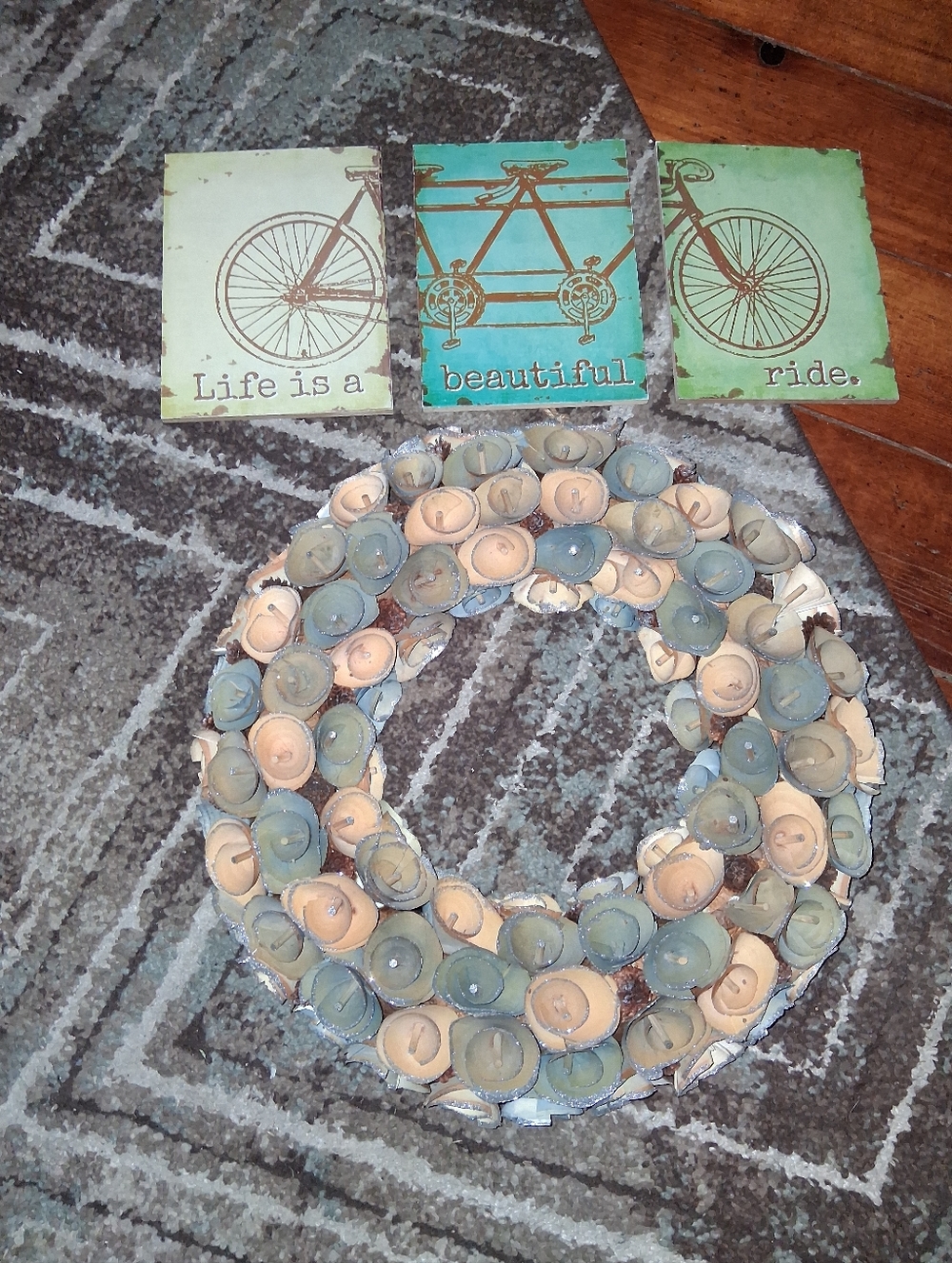 Wreath in Blue and Cream And "Life Is A Beautiful Ride" Wall Hangings